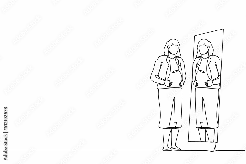 Continuous one line drawing businesswoman standing in front of mirror and see herself getting big belly with holding her stomach. Oversized and obesity concept. Single line draw design vector graphic