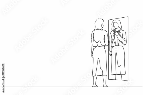Single continuous line drawing businesswoman adjusting blazer in front of mirror. Woman checking her appearance in mirror. Female manager looking herself in mirror. One line draw graphic design vector