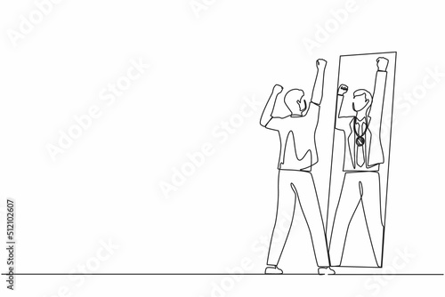 Single one line drawing narcissistic businessman looking at mirror and seeing in reflection of himself with gold medal, person overestimate himself, self confidence. Continuous draw line design vector