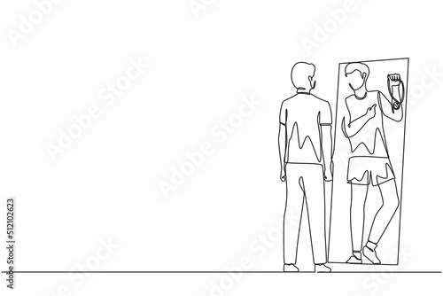Single continuous line drawing businessman looking at mirror and seeing in reflection of himself with holding gold medal, person overestimate himself, self confidence. One line graphic design vector