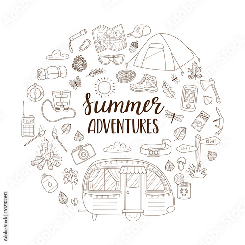 A set of doodle elements for camping, travel, picnic, tourism. Tourist inventory. Round composition as a print on clothes, postcards, web. Outline vector illustrations isolated on a white background.