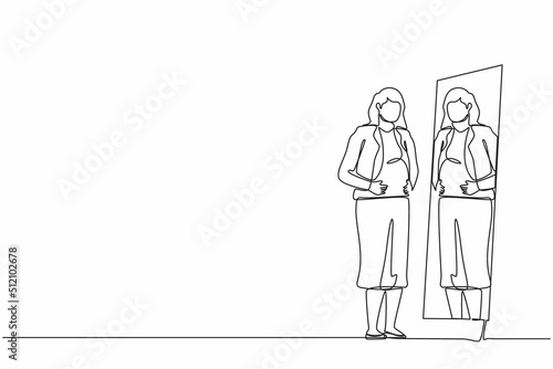 Continuous one line drawing businesswoman standing in front of mirror and see herself getting big belly with holding her stomach. Oversized and obesity concept. Single line draw design vector graphic