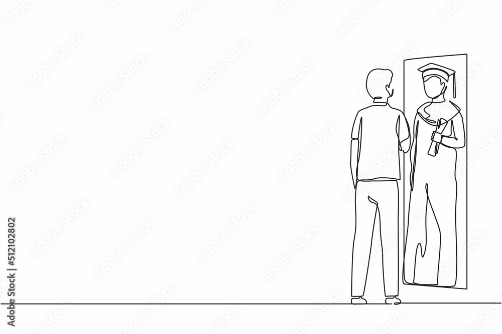 Single one line drawing businessman standing in front of mirror looking his reflection, imagine himself graduation student with diploma. Successful future in mirror. Continuous line draw design vector