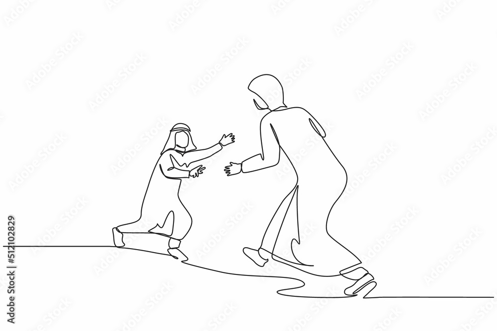 Single one line drawing boy running to mother. Arabian boy running to hug his mother. Little son running to his mom who standing and waiting with open arms. Continuous line draw design graphic vector