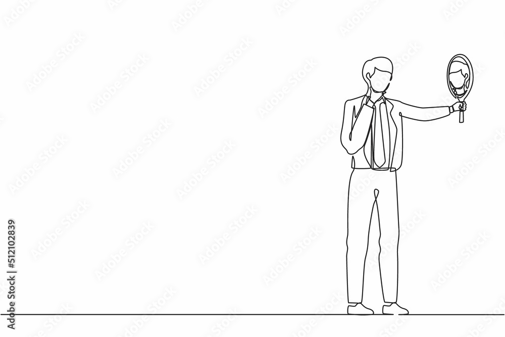 Continuous one line drawing businessman holding hand mirror. Male manager with hand mirror. Man looking at himself in mirror. Narcissism and reflection concept. Single line draw design vector graphic Continuous one line drawing businessman holding hand mirror. Male manager with hand mirror. Man looking at himself in mirror. Narcissism and reflection concept. Single line draw design vector graphic
