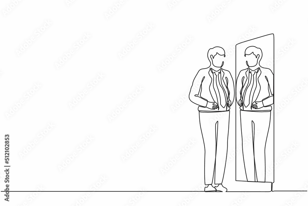 Continuous one line drawing businessman standing in front of mirror and see himself getting big belly with holding his stomach. Oversized and obesity concept. Single line draw design vector graphic