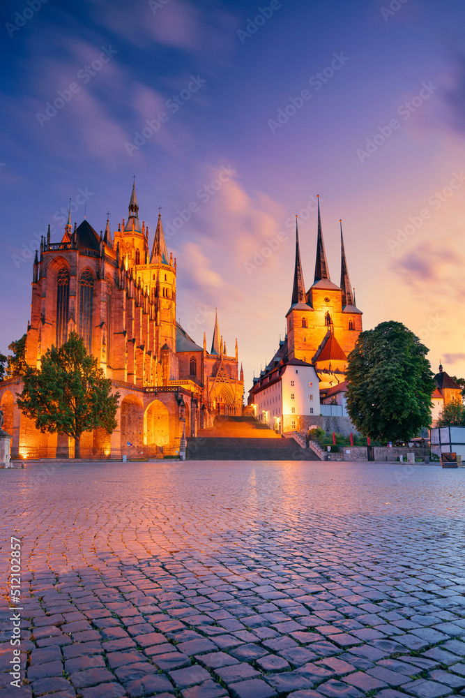 Erfurt, Germany. Cityscape image of downtown Erfurt, Germany with Erfurt Cathedral at summer sunset.
