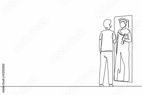 Single one line drawing businessman standing in front of mirror looking his reflection, imagine himself graduation student with diploma. Successful future in mirror. Continuous line draw design vector