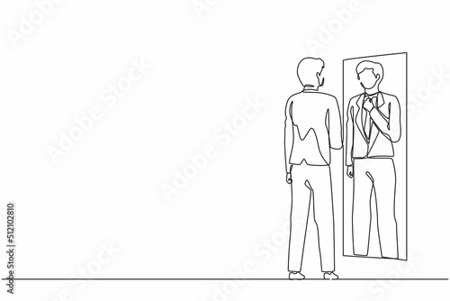 Single continuous line drawing businessman adjusting tie in front of mirror. Man checking his appearance in mirror. Male manager looking himself in mirror. One line graphic design vector illustration