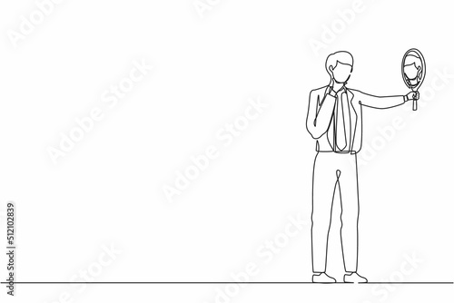 Continuous one line drawing businessman holding hand mirror. Male manager with hand mirror. Man looking at himself in mirror. Narcissism and reflection concept. Single line draw design vector graphic