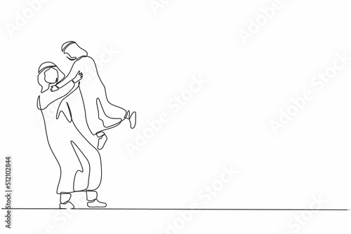 Single continuous line drawing happy father s day. Loving father carrying his little son on raised hands. Arab family with dad and child playing together. One line graphic design vector illustration