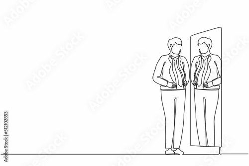 Continuous one line drawing businessman standing in front of mirror and see himself getting big belly with holding his stomach. Oversized and obesity concept. Single line draw design vector graphic