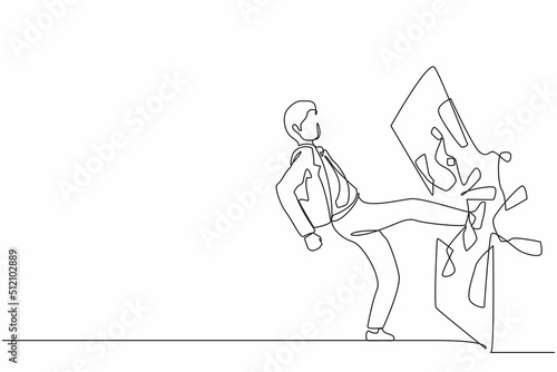 Single continuous line drawing businessman kicked the mirror and shattered it. Breaking impossible barrier. Business motivation, breakthrough concept. One line draw graphic design vector illustration