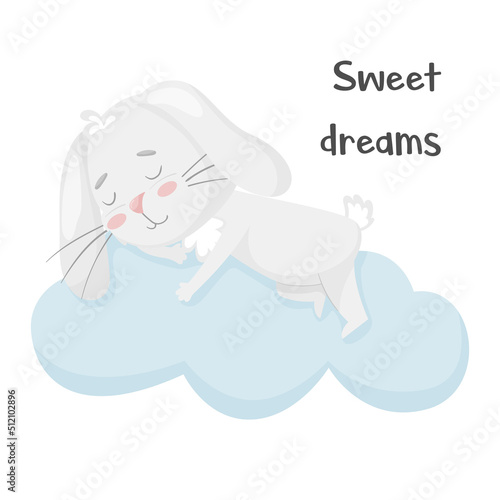 Cute smiling rabbit sleeping on a cloud. Kids design. Good night poster. Adorable animal  character in pastel colors. For cards  clothes  t shirt print. Vector illustration on white background