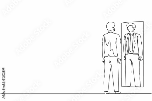 Single one line drawing businessman looks himself in the mirror. Clerk or manager looking at his reflection in mirror and evaluating his attire. Continuous line draw design graphic vector illustration