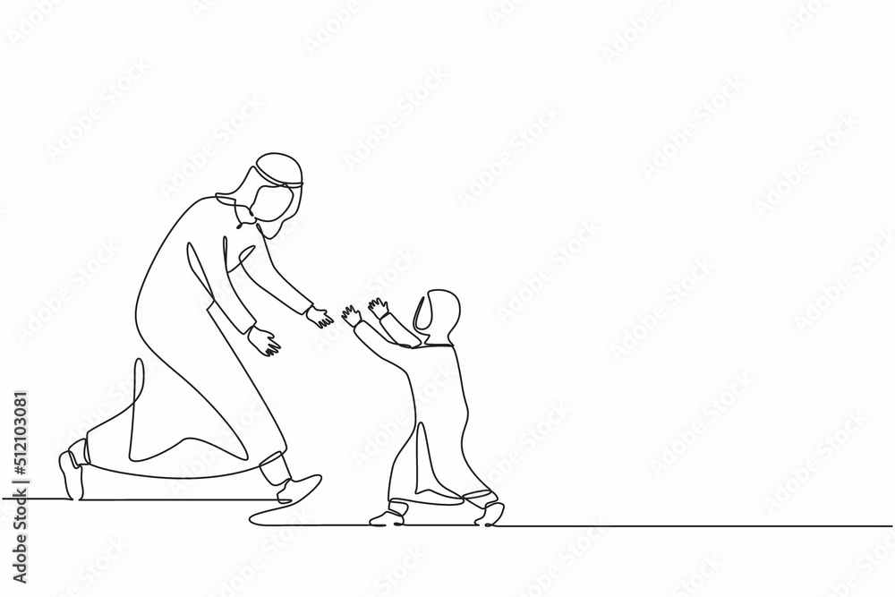 Continuous one line drawing joyful Arab little daughter running to dad for family hug. Happy little girl meeting man with love. Family, Fathers day, childhood. Single line draw design vector graphic Continuous one line drawing joyful Arab little daughter running to dad for family hug. Happy little girl meeting man with love. Family, Fathers day, childhood. Single line draw design vector graphic