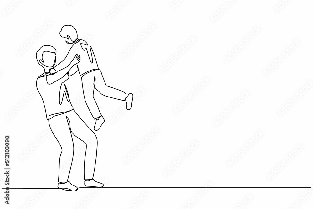 Single continuous line drawing happy father's day. Loving father carrying his little son on raised hands. Young family with dad and child playing together. One line graphic design vector illustration Single continuous line drawing happy father's day. Loving father carrying his little son on raised hands. Young family with dad and child playing together. One line graphic design vector illustration