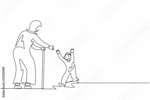 Continuous one line drawing Arabian little boy meeting their grandparents. Happy family visiting grandfather and grandmother. Grandson running to hug grandma. Single line draw design vector graphic