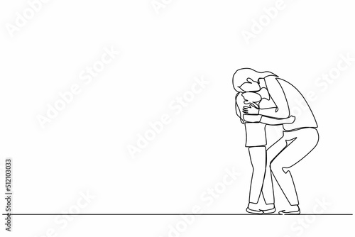 Continuous one line drawing caring young mother embracing kissing cute little daughter feeling love and tenderness. Mother's day, holiday concept. Single line draw design vector graphic illustration