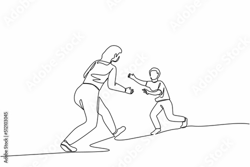Single one line drawing boy running to mother. Cheerful boy running to hug his mother. Little son running to his mom who standing and waiting with open arms. Continuous line draw design graphic vector