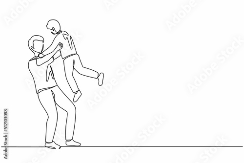 Single continuous line drawing happy father s day. Loving father carrying his little son on raised hands. Young family with dad and child playing together. One line graphic design vector illustration
