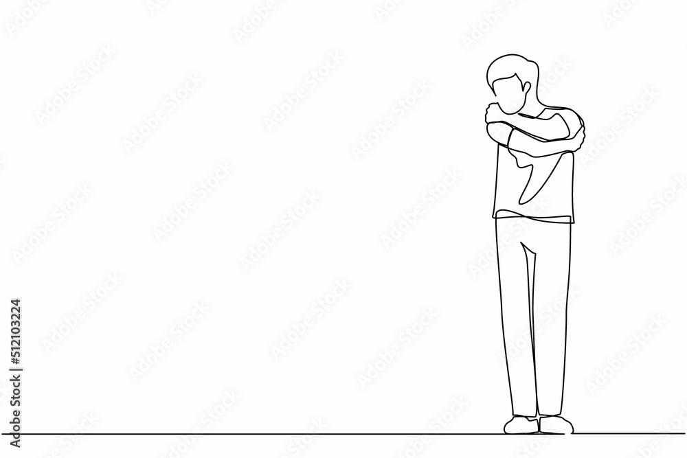 Single continuous line drawing man hugging himself with positive emotion. Happy smiling guy hugging himself with sensuality and love. Charismatic male cuddling oneself. One line graphic design vector