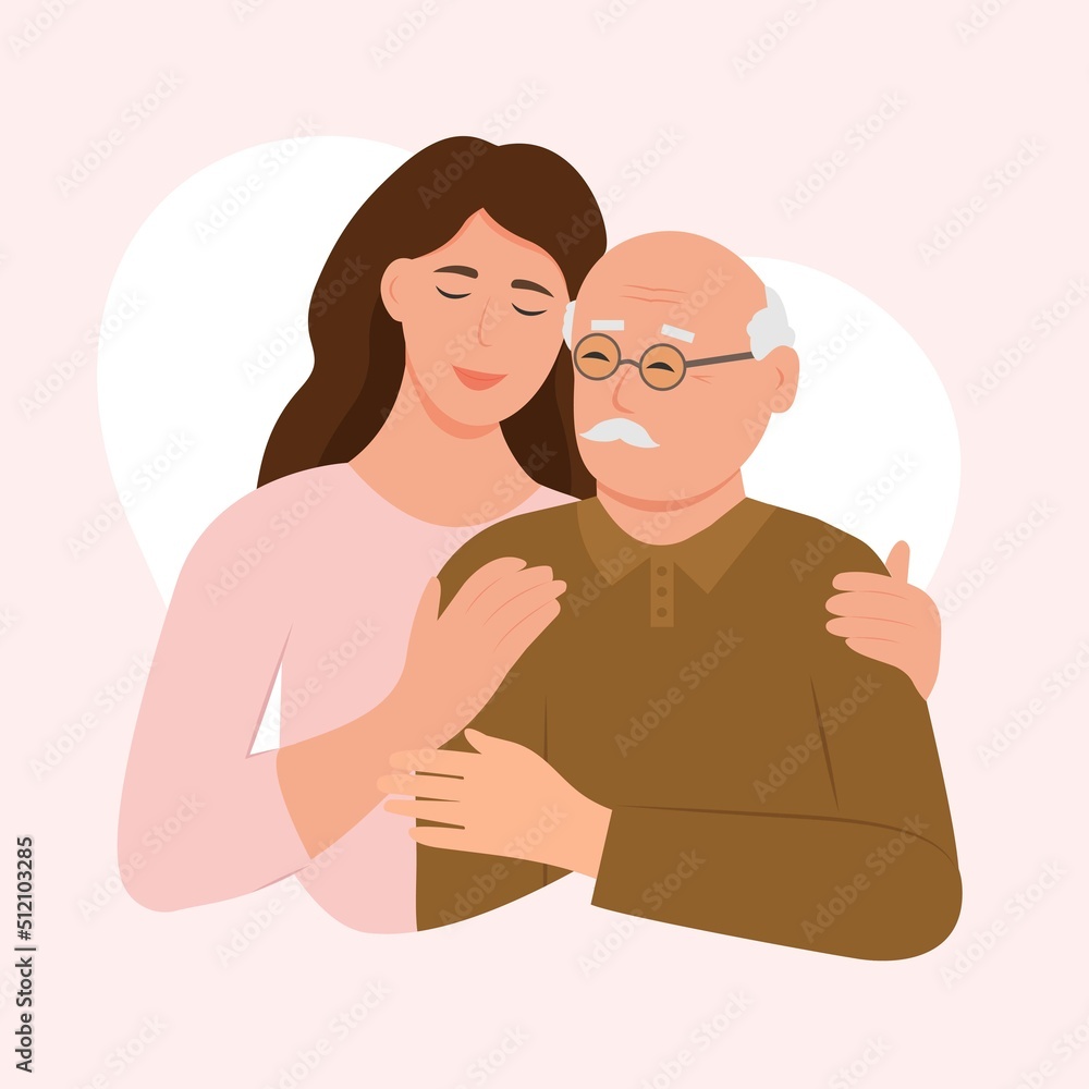 Happy Young woman hugging her old father with love. Father and daughter. Father's day .Portrait of young woman hugging her grandpa. Friendly family relationship. vector flat illustration Happy Young woman hugging her old father with love. Father and daughter. Father's day .Portrait of young woman hugging her grandpa. Friendly family relationship. vector flat illustration