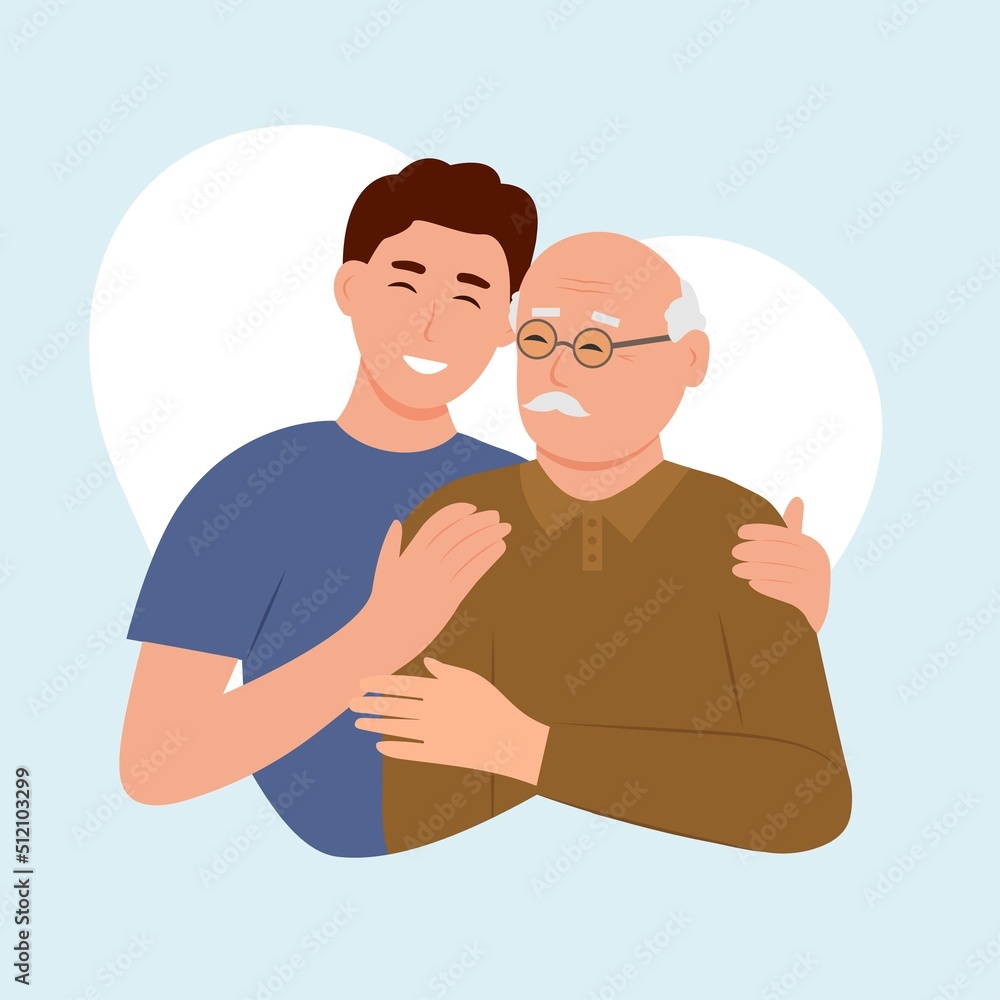 Happy Young man hugging her old father with love. Father and son. Father's day .Portrait of young man hugging her grandpa. Friendly family relationship. vector flat illustration Happy Young man hugging her old father with love. Father and son. Father's day .Portrait of young man hugging her grandpa. Friendly family relationship. vector flat illustration