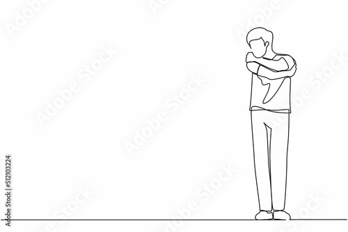 Single continuous line drawing man hugging himself with positive emotion. Happy smiling guy hugging himself with sensuality and love. Charismatic male cuddling oneself. One line graphic design vector