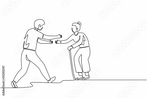 Single continuous line drawing happy man running to meet grandmother. Vacation at grandparents home. Mother, senior female, retired, summertime, holiday. One line graphic design vector illustration