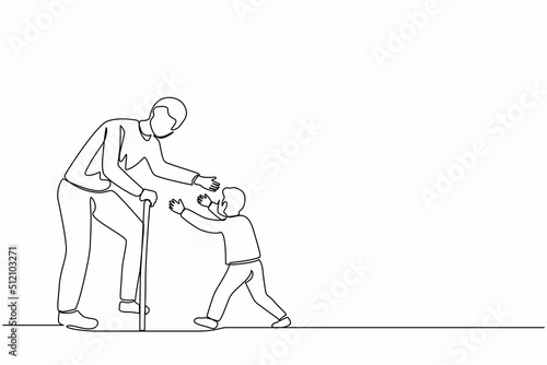Single continuous line drawing happy little boy running to hug his grandfather. Grandson visiting grandparents. Senior man welcoming grandchild at home. One line graphic design vector illustration