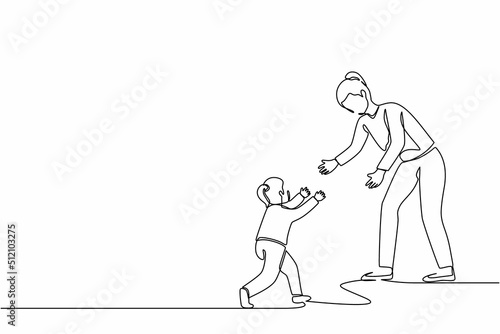Continuous one line drawing mom and little daughter running to each other with open arms. Mother, girl, kid. Parenthood, childhood, parenting concept. Single line design vector graphic illustration