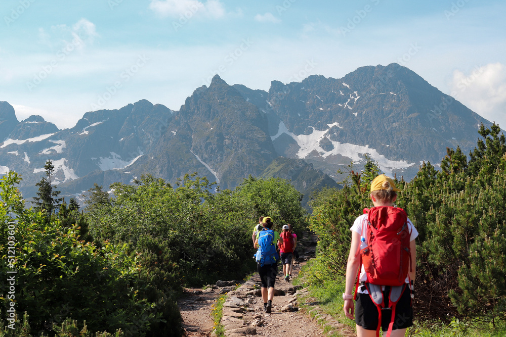 Defocused rear view of a group of young hikers on a mountain path. Tatras, Poland