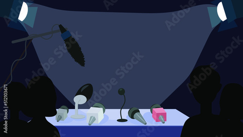 Empty press conference table with microphones. Reporters audience with mics waiting for speaker. Vector illustration