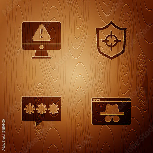Set Browser incognito window, Monitor with exclamation mark, Password protection and Shield on wooden background. Vector