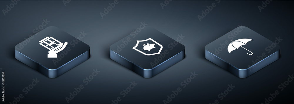 Set Isometric House in hand, Umbrella and Piggy bank with shield icon. Vector Set Isometric House in hand, Umbrella and Piggy bank with shield icon. Vector