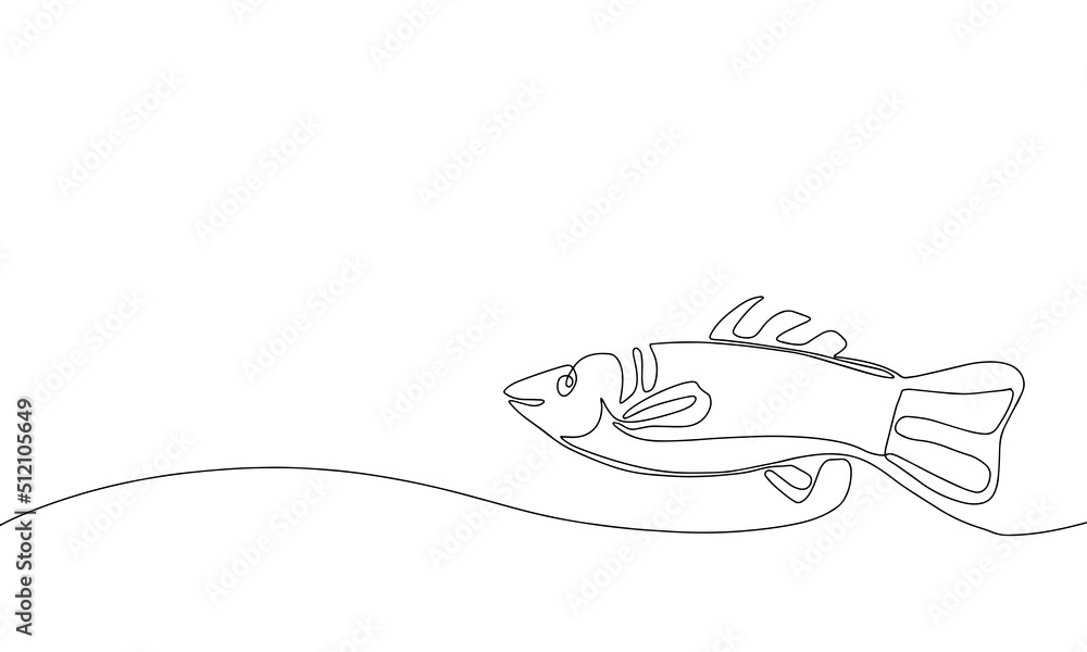 Fototapeta premium Salmon fish in the style of drawing a continuous line. Minimalist black linear sketch on a white background. Vector illustration
