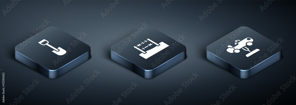Set Isometric Shovel toy, Swing car and Abacus icon. Vector Set Isometric Shovel toy, Swing car and Abacus icon. Vector