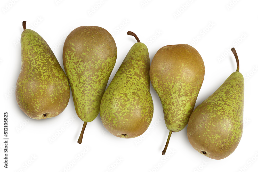 Green conference pear isolated on white background with full depth of field. Top view. Flat lay Green conference pear isolated on white background with full depth of field. Top view. Flat lay