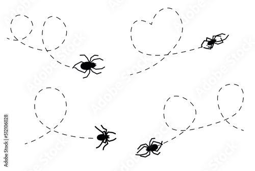Spider on a dotted line route. Animal black silhouette. Vector isolated on white background.