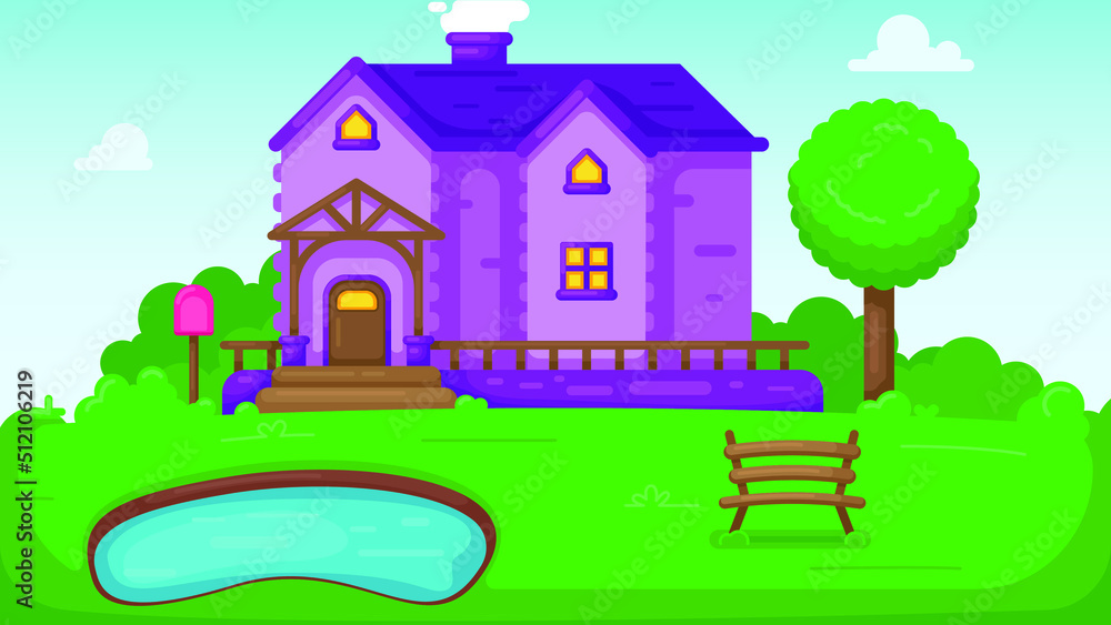 Single house with letterbox and chimney on roof. In front of house is small pond and bench. flat style countryside cottage. vector illustration