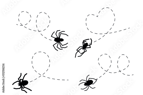 Spider on a dotted line route. Animal black silhouette. Vector isolated on white background.