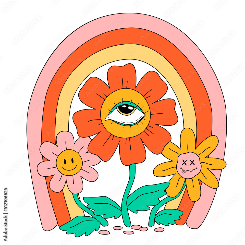 Retro 70's psychedelic hippie flowers illustration print for t-shirt or  sticker poster Stock Vector