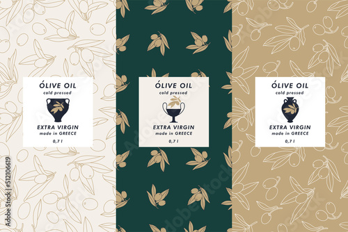 Vector set labels with olive branch - simple linear style. Emblems composition with olives and typography. Seamless pattern.