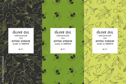 Vector set labels with olive branch - simple linear style. Emblems composition with olives and typography. Seamless pattern.