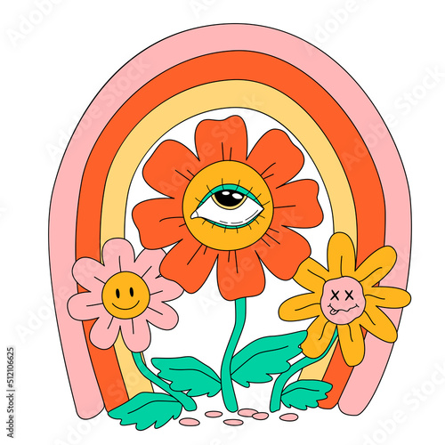 Retro 70's psychedelic hippie flowers illustration print for t-shirt or sticker poster 
