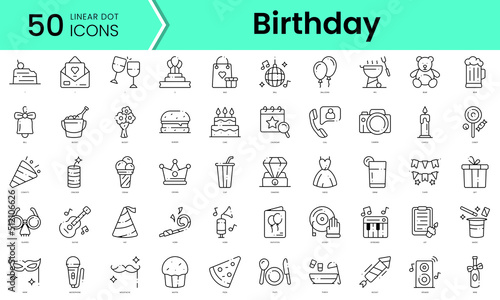 birthday Icons bundle. Linear dot style Icons. Vector illustration
