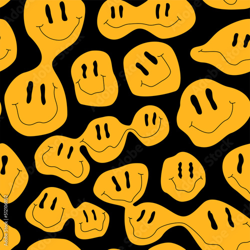 Seamless pattern of melting smiling Faces. Lava lamp, water drops, drug trip style. Background, wrapping paper