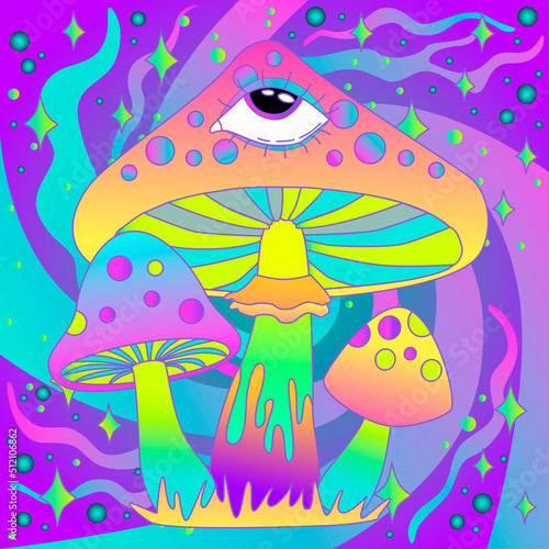 Retro 70 s psychedelic hippie mushroom illustration print for t-shirt or sticker poster 