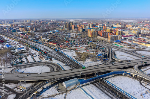 Aerial view on M.Torez street bridge. Tyumen